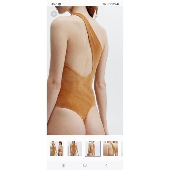 New Large Fabletics Light Honey Gigi Velour Thong Bodysuit One Shoulder NWT - Picture 3 of 8